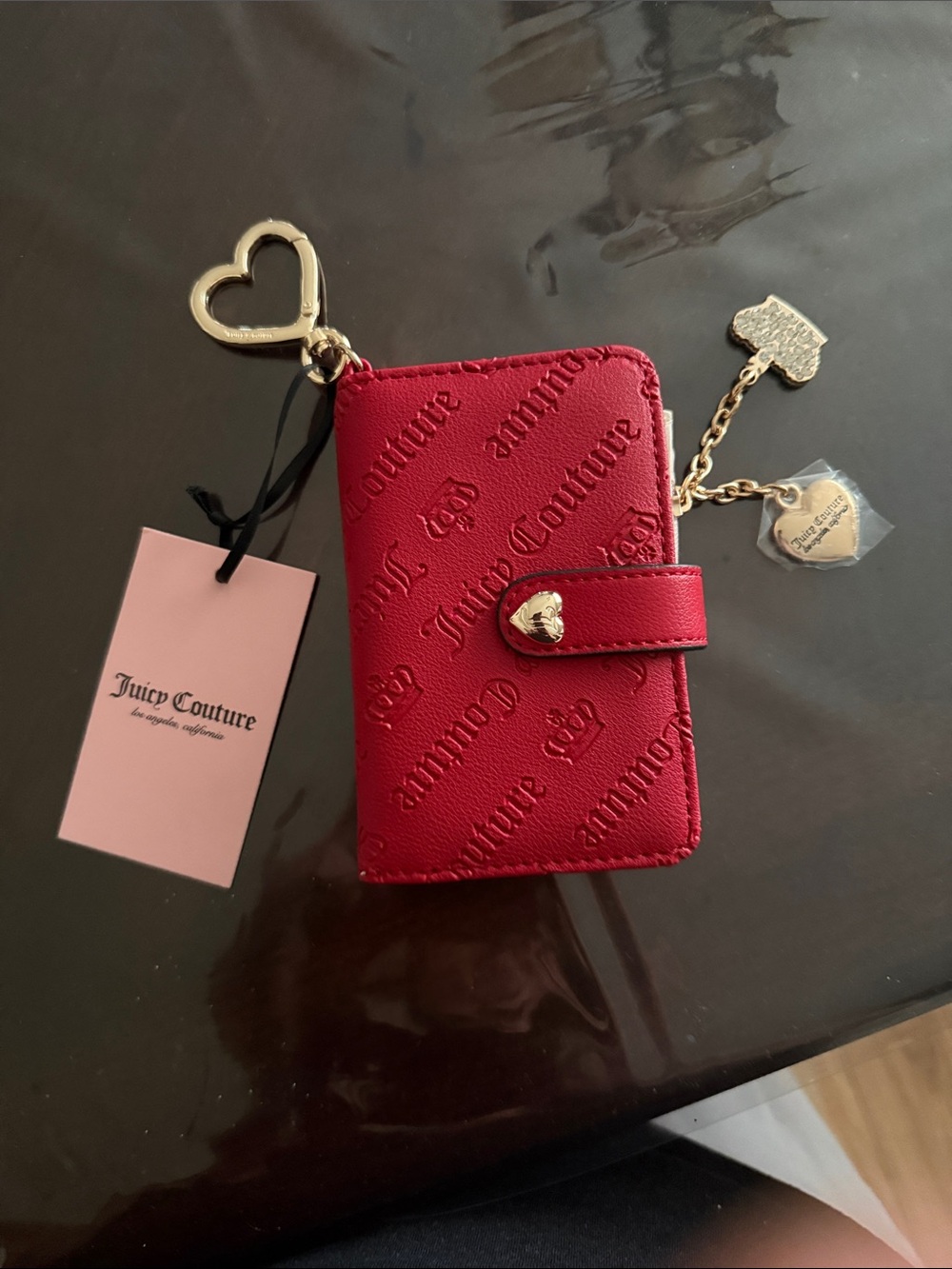 Juicy Couture Red Embossed Wallet Phone Case with Gold Heart Charms